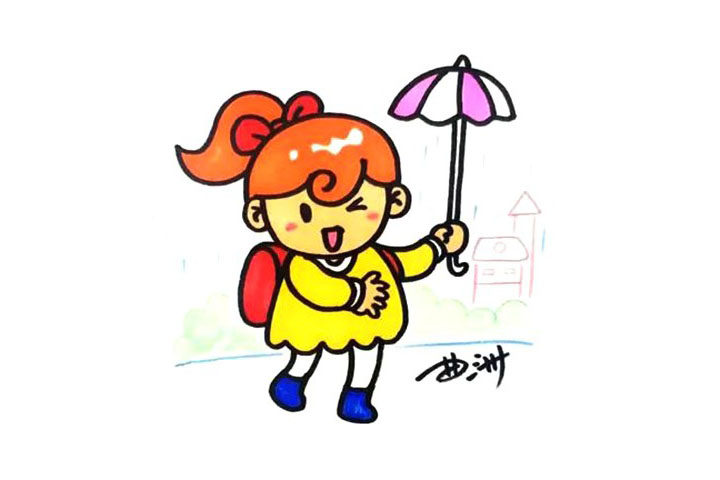 打伞的小女孩简笔画画法步骤