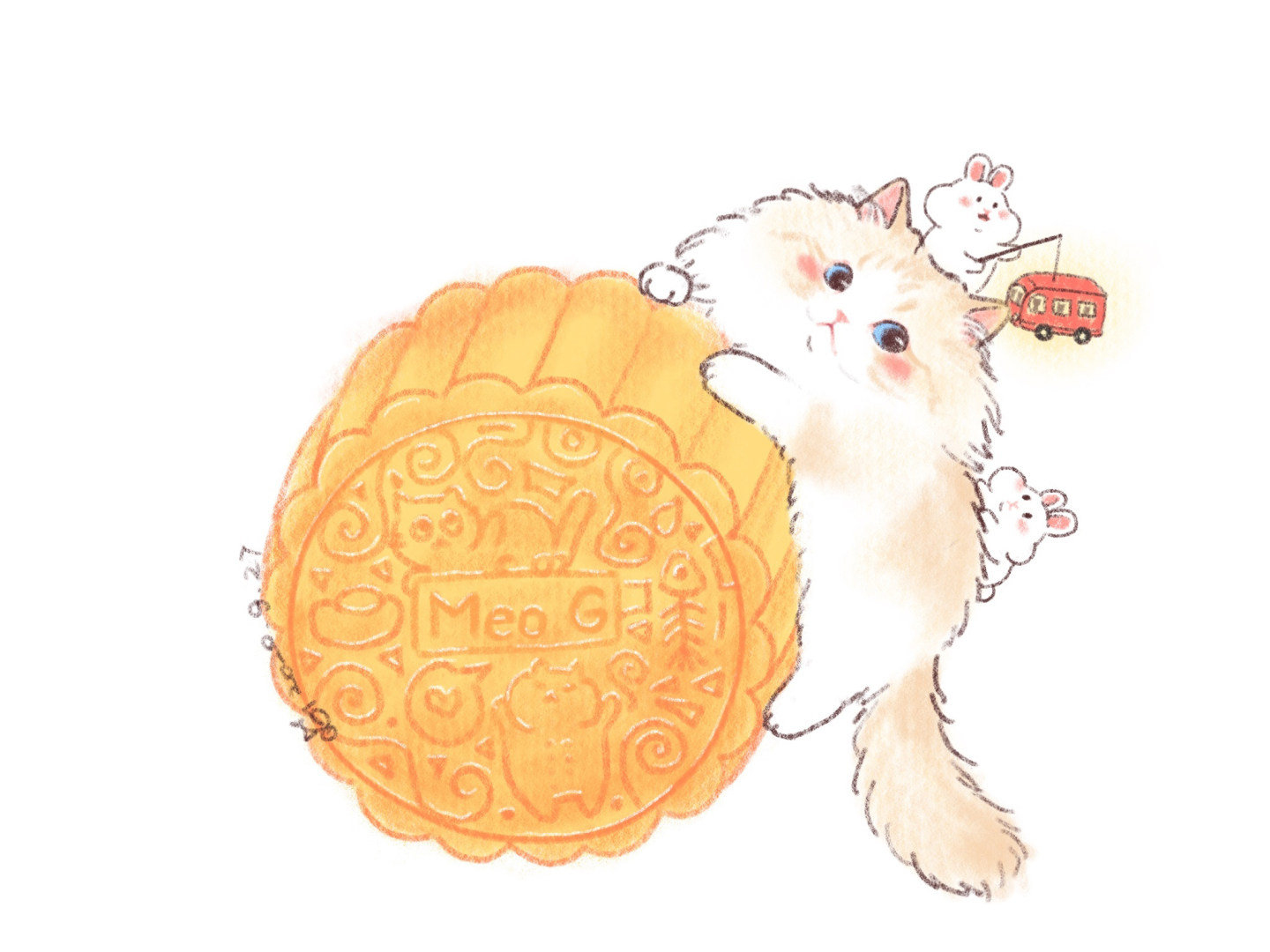 一组可爱的小猫和月饼简笔画图片