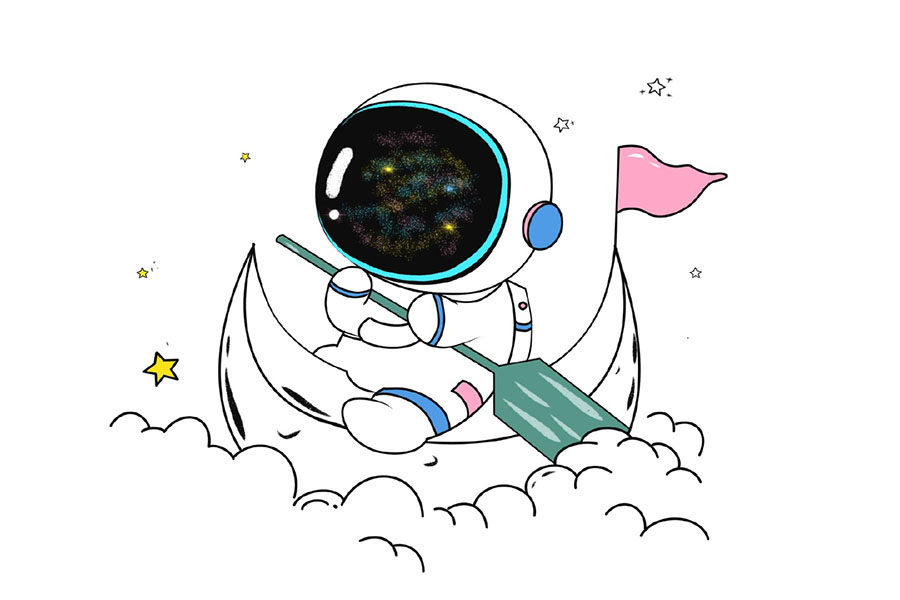 超浪漫太空人划月亮船简笔画画法步骤