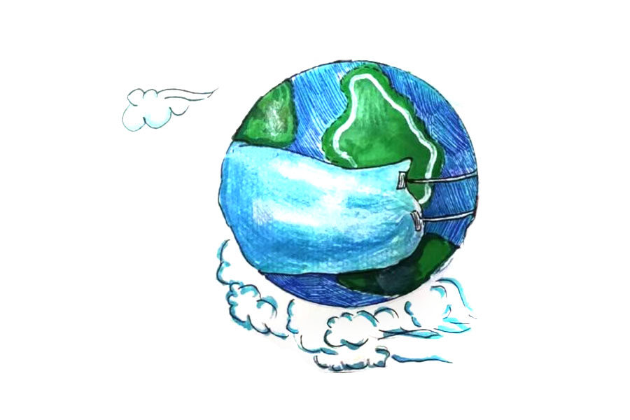抗疫绘画素材 两张漂亮的戴口罩的地球简笔画