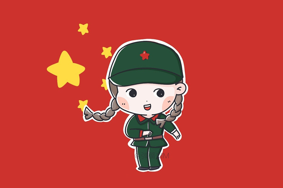国庆节穿着军衣的小女孩简笔画
