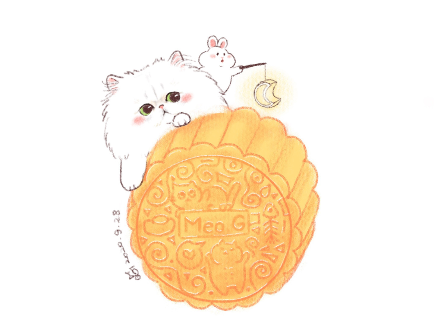一组可爱的小猫和月饼简笔画图片