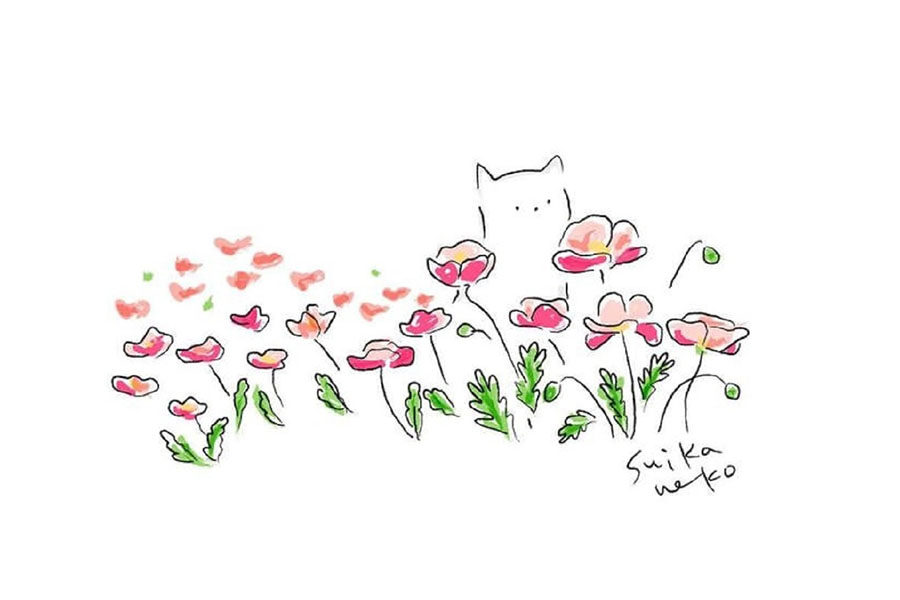 猫咪与花儿简笔画图片