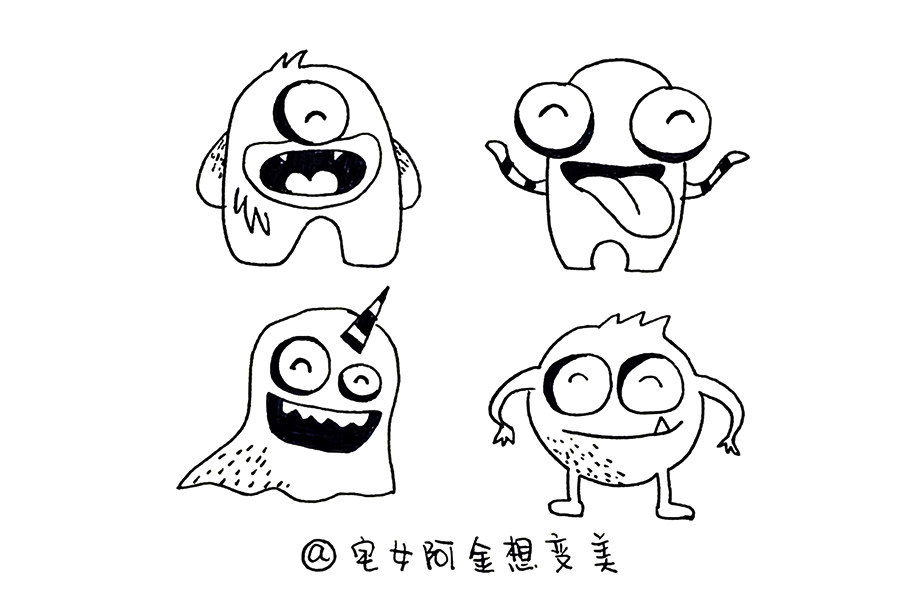 8只大眼睛小怪兽简笔画
