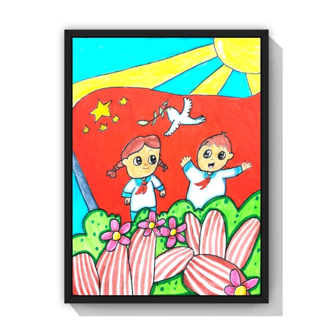 一组漂亮的小学生庆祝建党100周年绘画作品