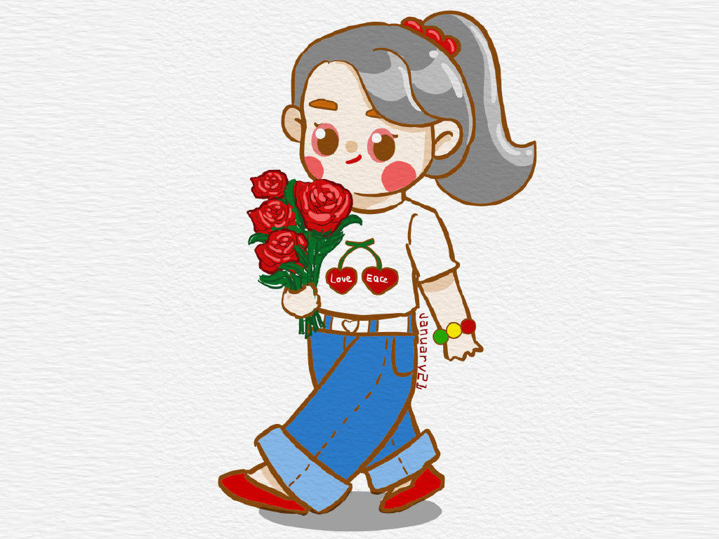 花与少女 漂亮的小女孩简笔画