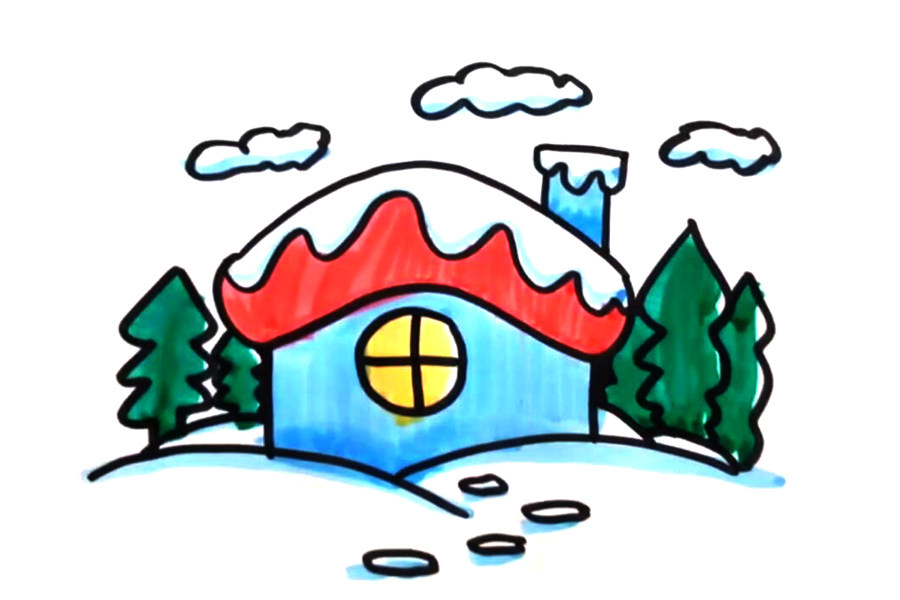 冬天雪房子简笔画画法步骤