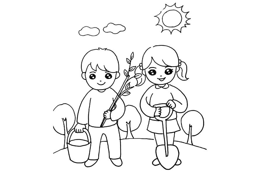 植树节主题简笔画 一起植树