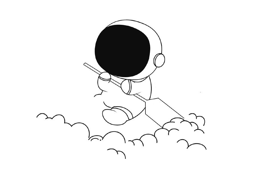 超浪漫太空人划月亮船简笔画画法步骤