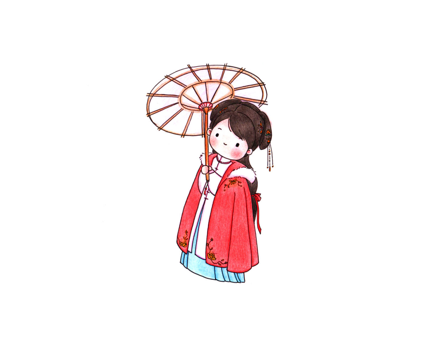 身披大红斗篷的汉服小女孩简笔画教程