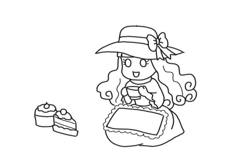 赏花喝茶野餐简笔画画法步骤