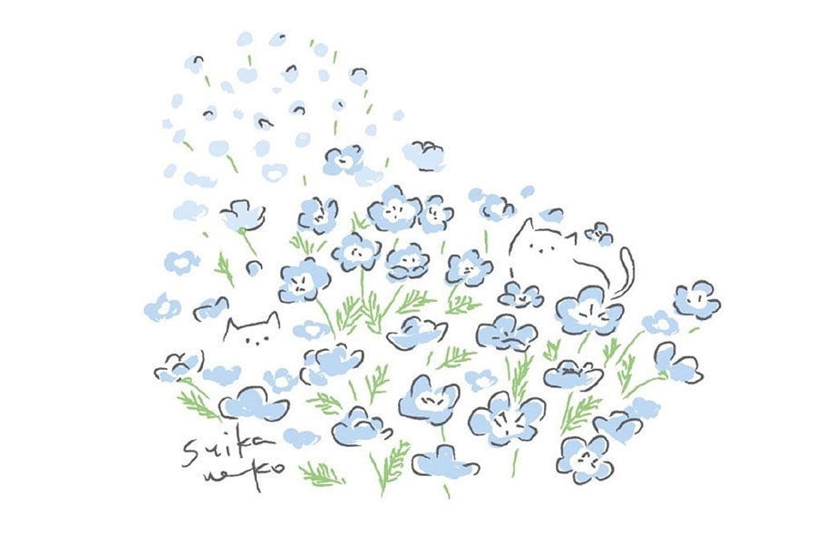 猫咪与花儿简笔画图片