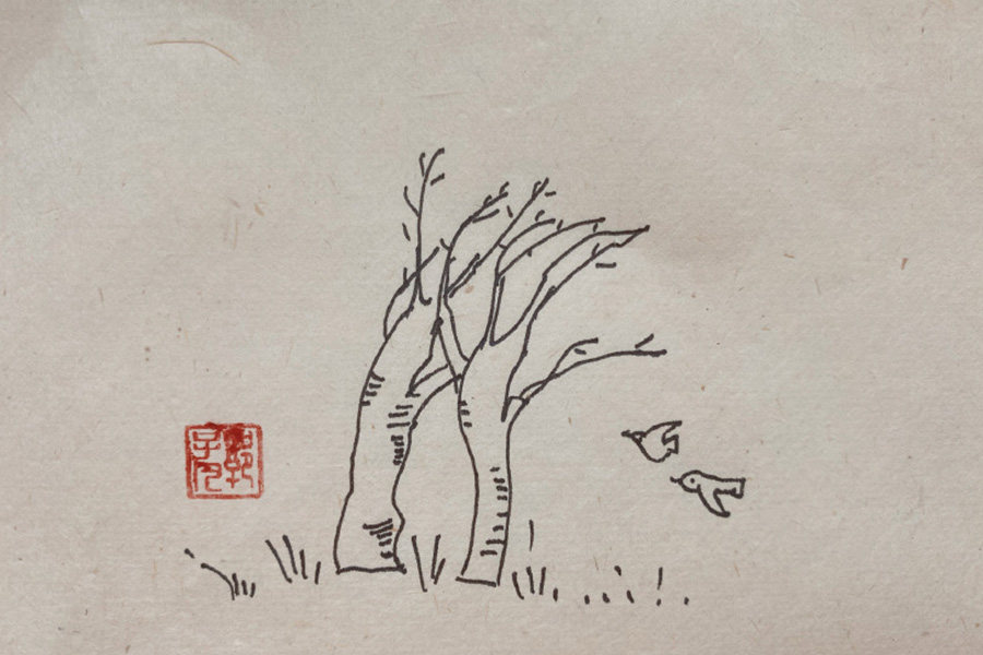 秋天风景简笔画图片 云天收夏色，木叶动秋声