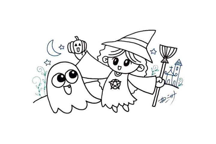 万圣节幽灵小魔女简笔画画法步骤