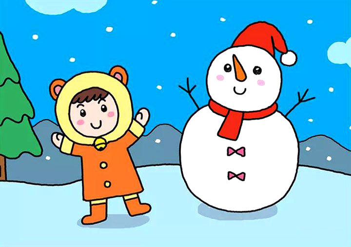 小女孩堆雪人简笔画画法步骤