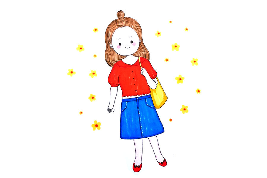少女的春日穿搭简笔画图片