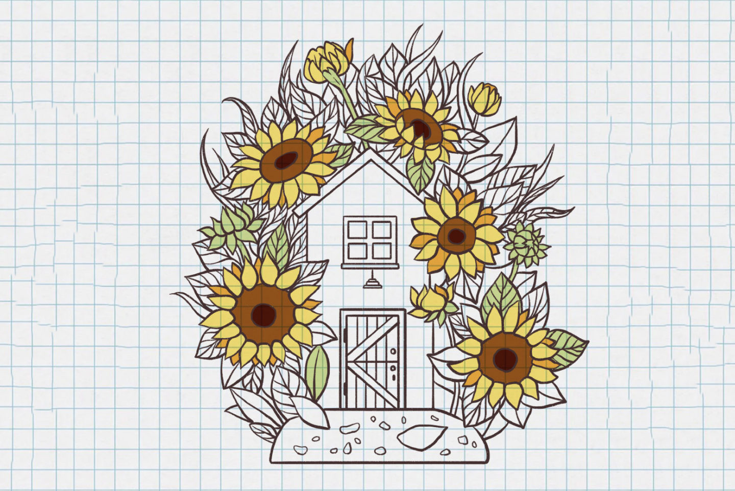 有点复杂但很漂亮的向日葵小屋简笔画画法