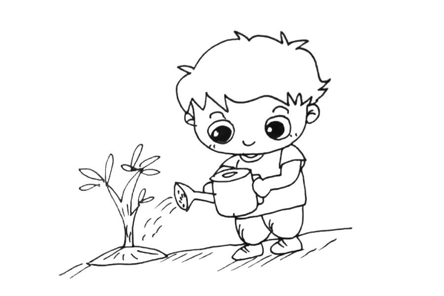 植树节主题简笔画 给小树浇水