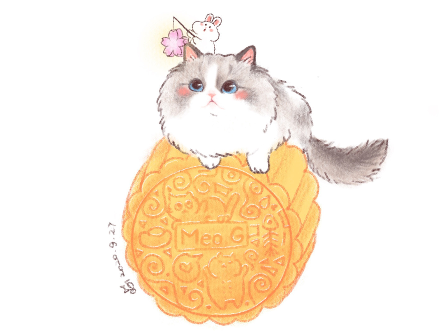 一组可爱的小猫和月饼简笔画图片