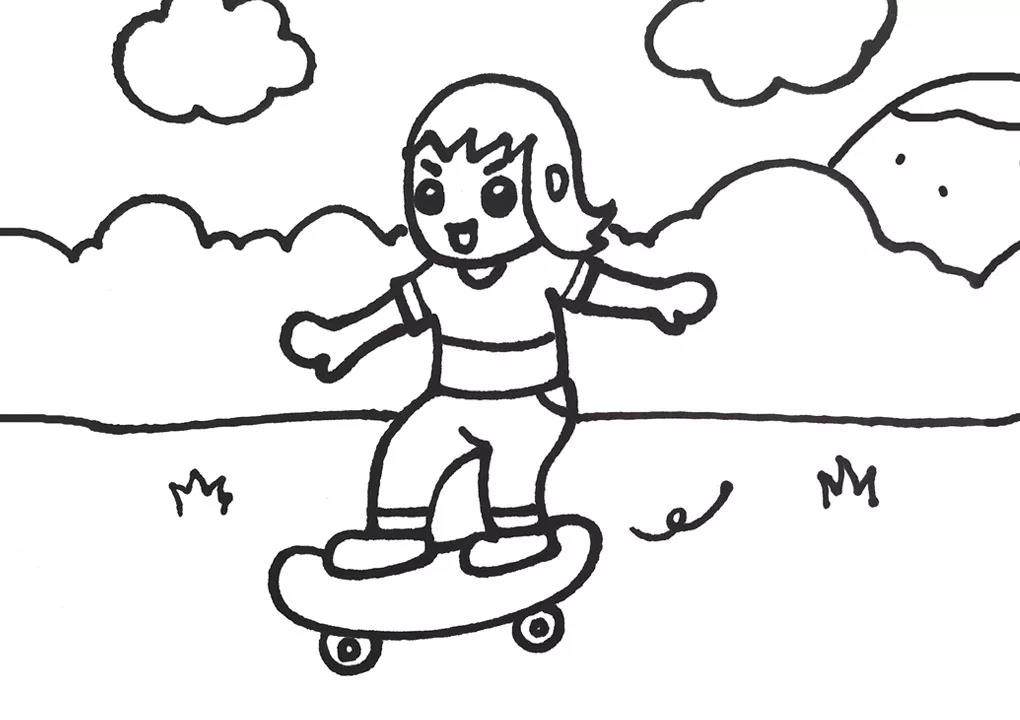 春天里玩滑板的小女孩简笔画