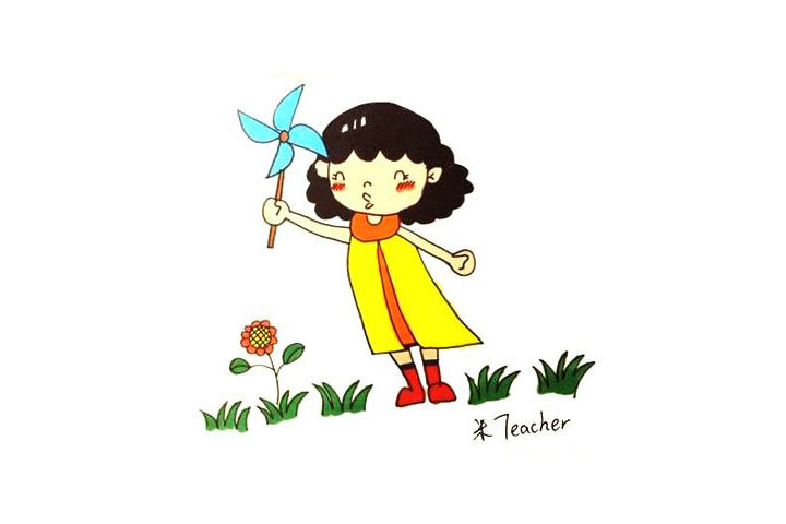 玩风车的小女孩简笔画教程