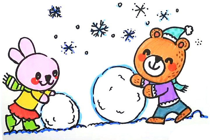 滚雪球的小熊和小兔简笔画步骤详解