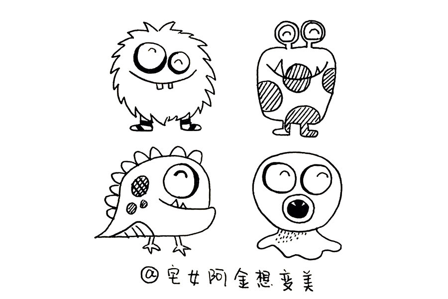 8只大眼睛小怪兽简笔画