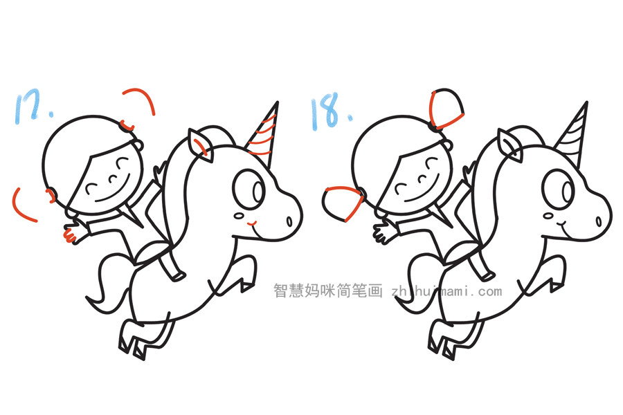 骑独角兽的可爱女孩简笔画画法步骤