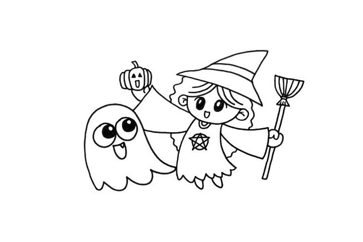 万圣节幽灵小魔女简笔画画法步骤