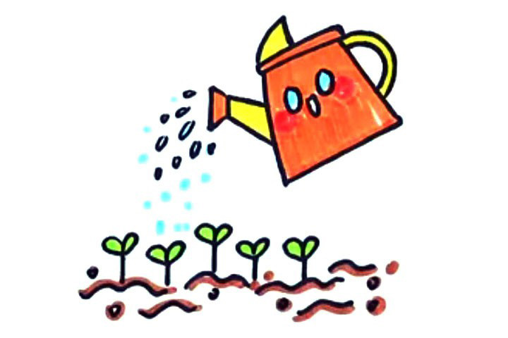 给土地里的树苗浇水简笔画教程