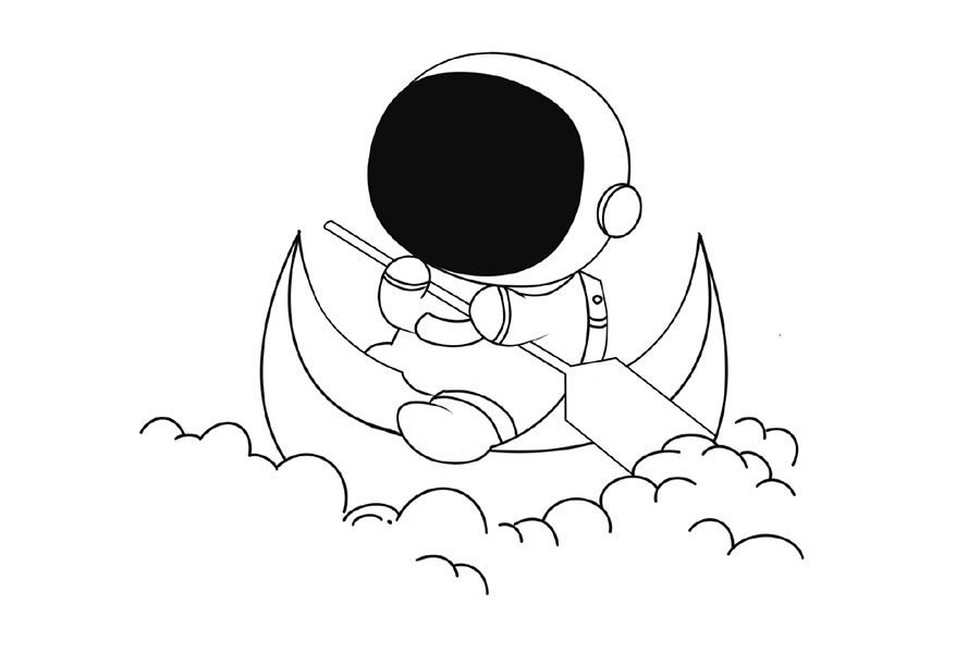 超浪漫太空人划月亮船简笔画画法步骤