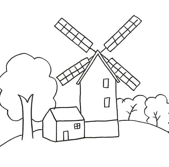 漂亮的风车屋风景简笔画