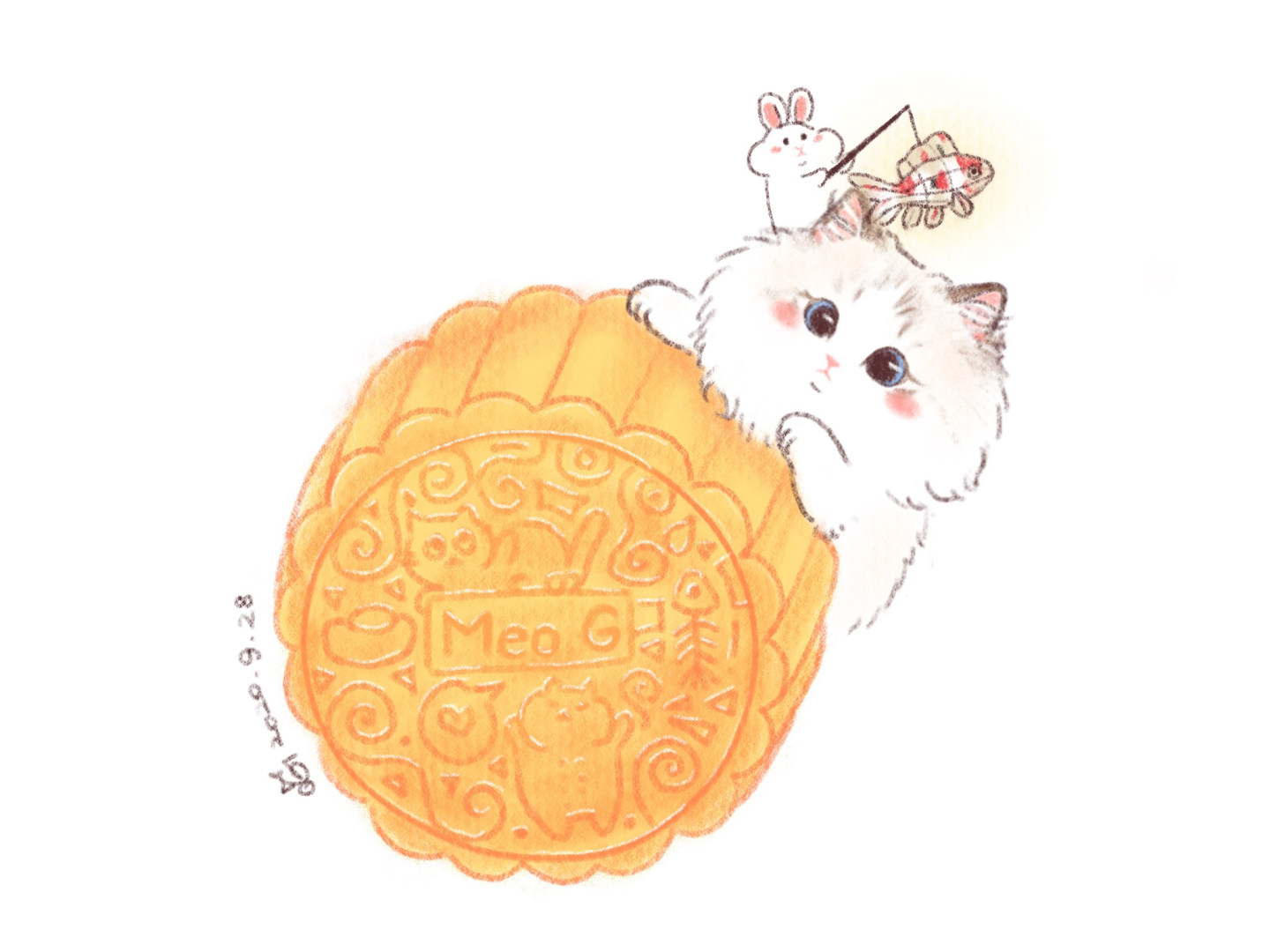 一组可爱的小猫和月饼简笔画图片