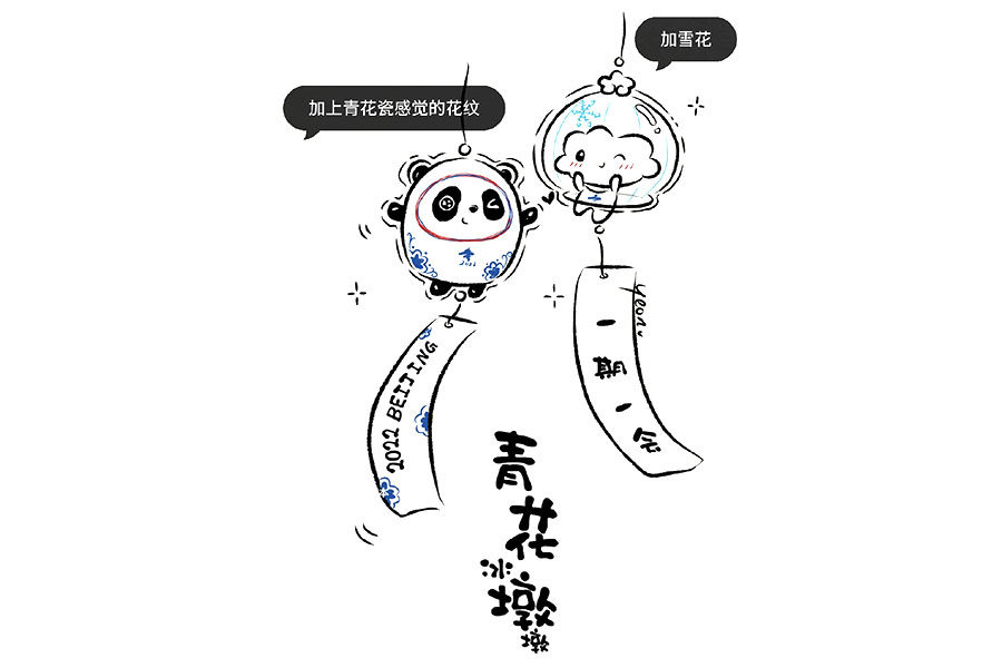 冬奥会可爱简笔画之青花瓷冰墩墩 雪容融风铃
