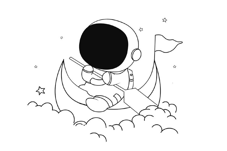 超浪漫太空人划月亮船简笔画画法步骤