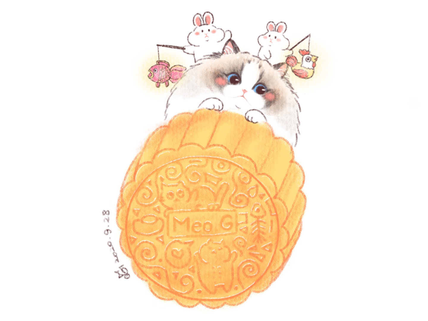 一组可爱的小猫和月饼简笔画图片