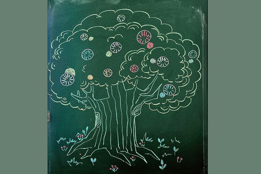 一组漂亮的大树粉笔画图片 黑板报绘画素材