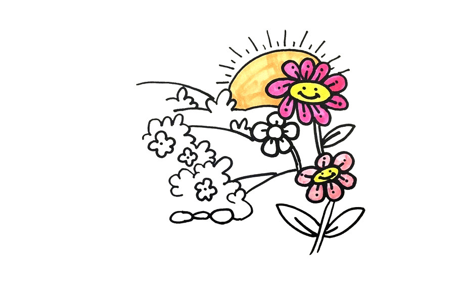 漂亮的花圃风景简笔画画法