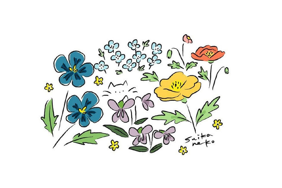 猫咪与花儿简笔画图片