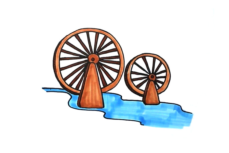 漂亮的水车风景怎么画