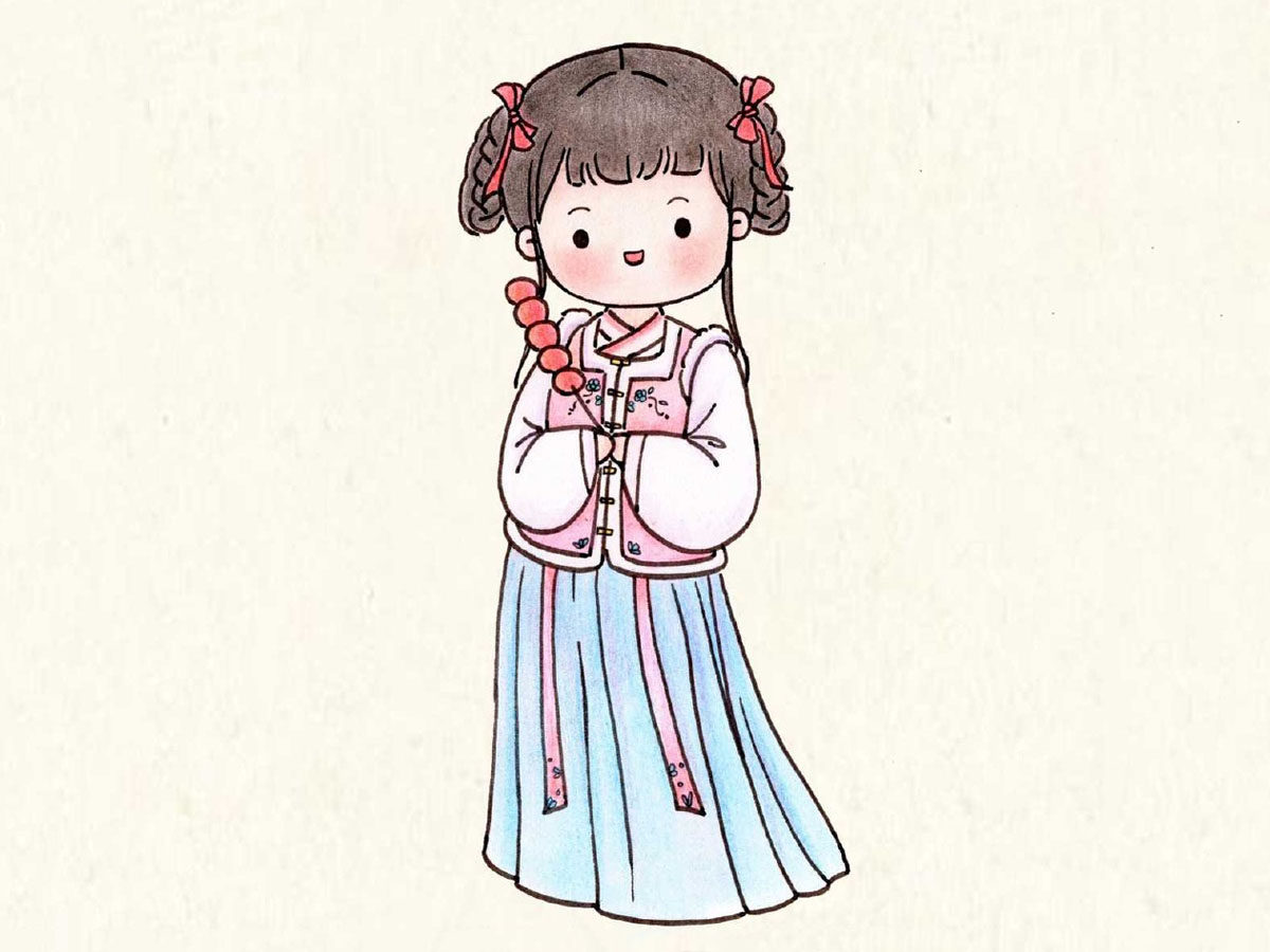拿着糖葫芦的国风小女孩简笔画画法步骤