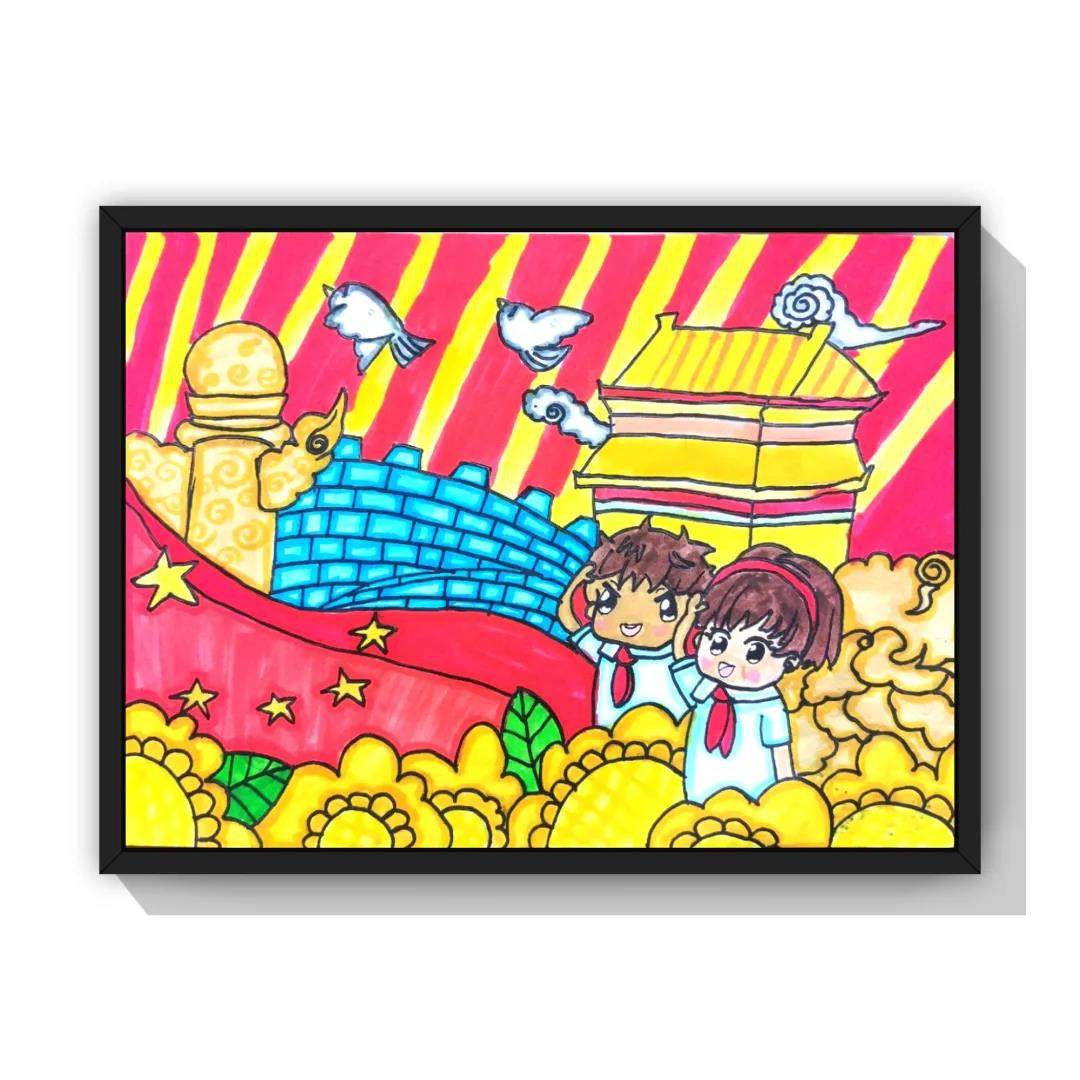一组漂亮的小学生庆祝建党100周年绘画作品