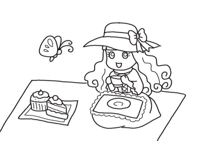 赏花喝茶野餐简笔画画法步骤